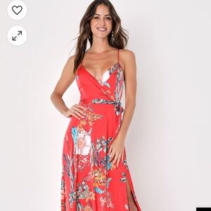 Still the One Red Floral Print Satin Maxi Dress Lulus